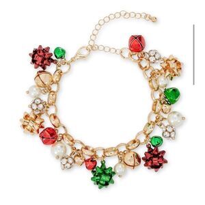Holiday Lane Tri-Tone Crystal, Imitation Pearl & Bow Jingle Bell Charm Bracelet
